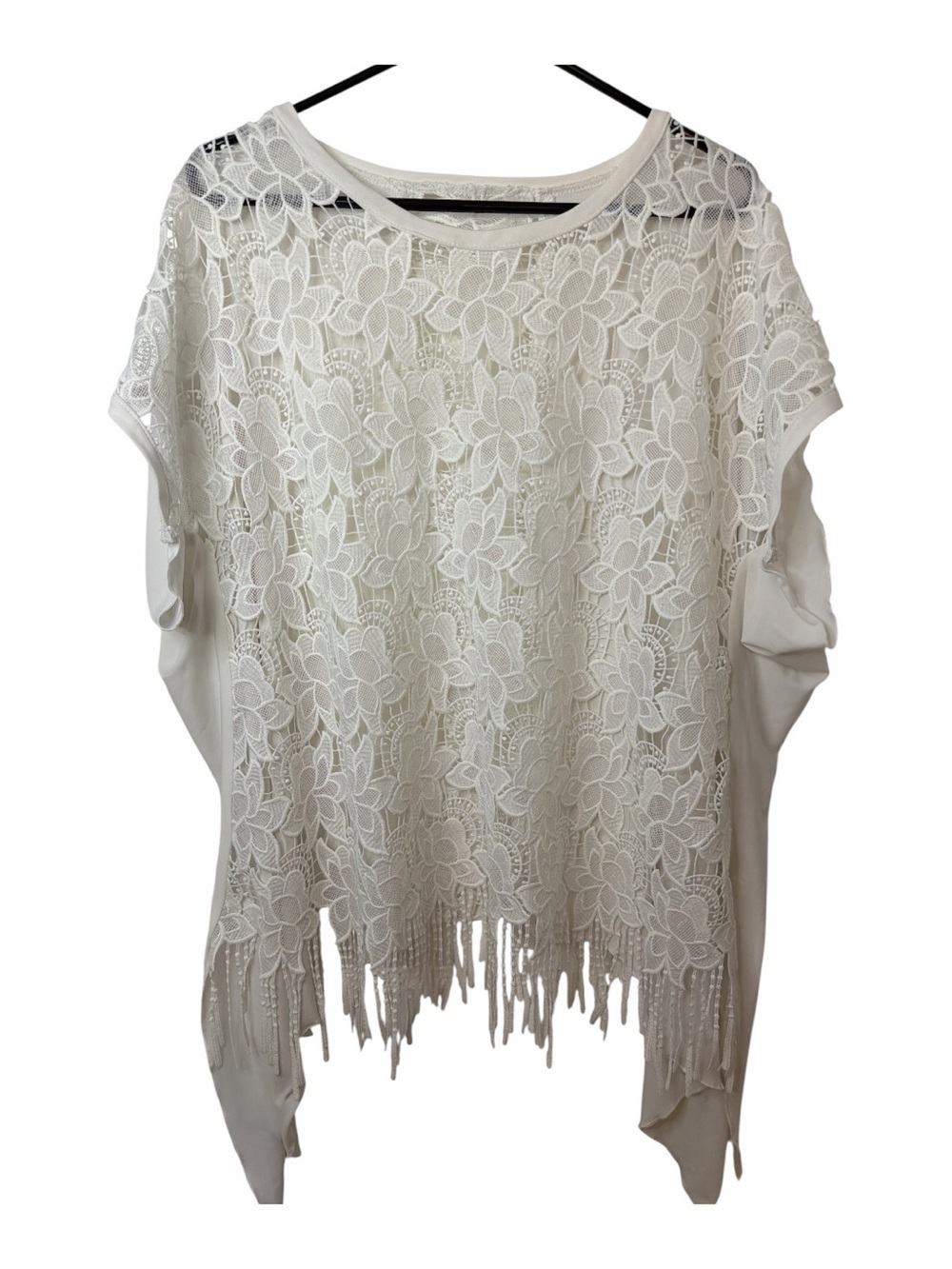 White Lace Fringe Short Sleeve Poncho Top NWOT